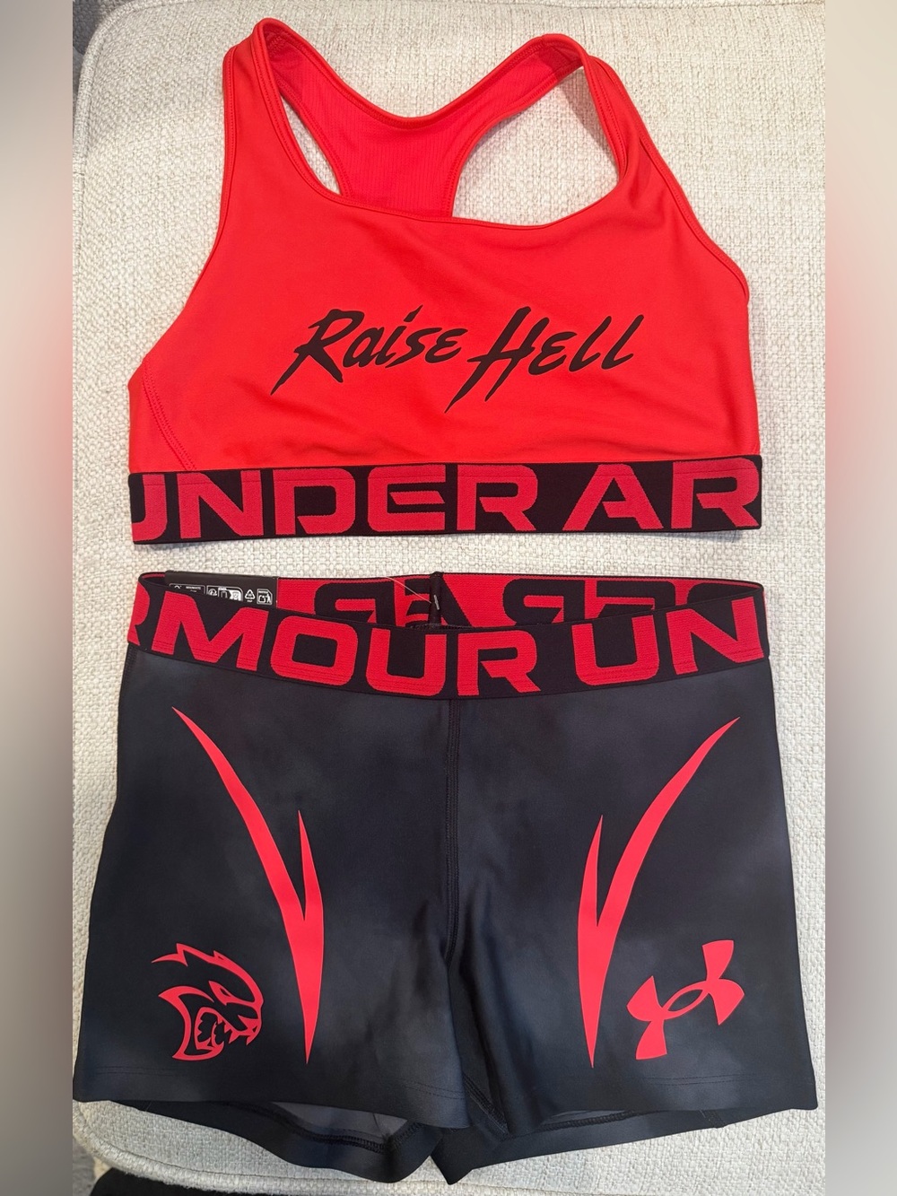 Under Armour Red Sports Bra & Black Compression Shorts Athletic Set